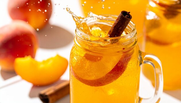 Peach compote jar.  Juicy peach slices preserved in syrup with a cinnamon note and bright citrus accents.
