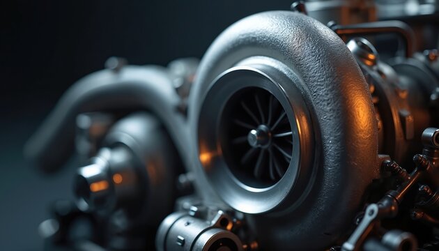 Close up of shiny turbo engine part with visible compressor wheel, turbine blades. Clean studio shot with soft light highlights metal components. Automotive tech detail.