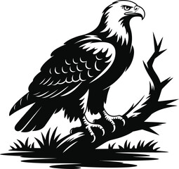 Fototapeta premium Majestic eagle perched on branch black silhouette art for freedom and power symbolism detailed illustration.