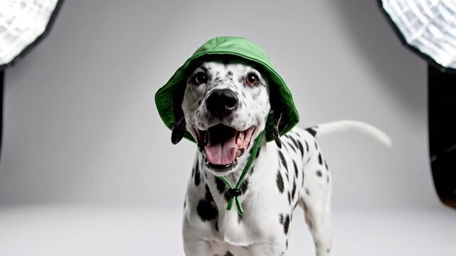 Dalmatian dog with green hat with studio shot.
