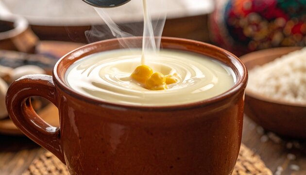 Atole de vainilla. Creamy white corn drink with a silky surface and a rustic clay bowl presentation.