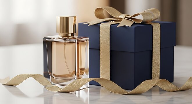 Elegant perfume bottle beside a gift-wrapped box on a soft cloth backdrop