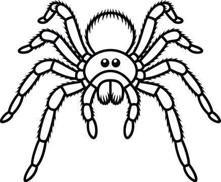 Black outline tarantula spider vector illustration with scary eyes isolated on transparent background.