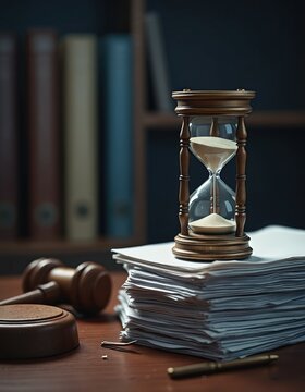 Hourglass on paper stack with gavel. Clock represents time passing in law office. Legal documents wait for judge decision. Time management concept.