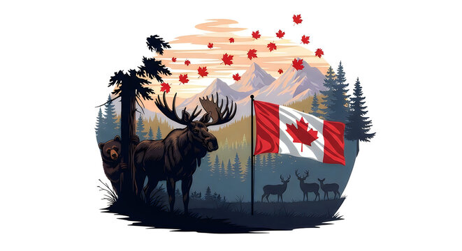 A moose stands proudly in front of a canadian flag