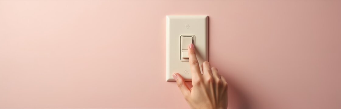 Hand presses light switch. Minimalist photo shows finger on toggle. Clean pastel pink wall background. Energy saving concept for home eco lifestyle.