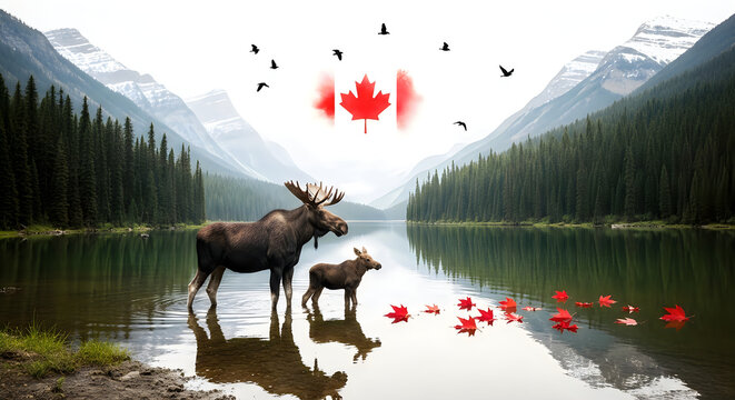 A moose and a calf standing in a lake with a canadian flag