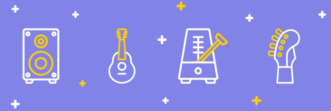 Set line Guitar neck, Metronome with pendulum, and Stereo speaker icon. Vector
