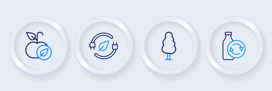 Set line Recycling plastic bottle, Tree, Electric saving plug leaf and Apple icon. Vector