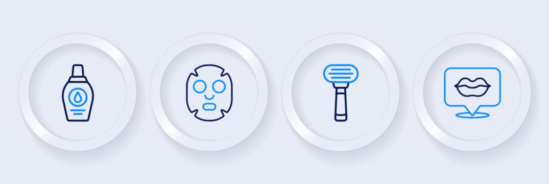 Set line Smiling lips, Shaving razor, Facial cosmetic mask and Bottle of shampoo icon. Vector