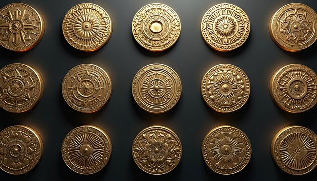 Collection of ornate gold medallions with intricate patterns. Circular embossed designs display complex floral and geometric motifs on a dark background, suggesting luxury and ancient art.