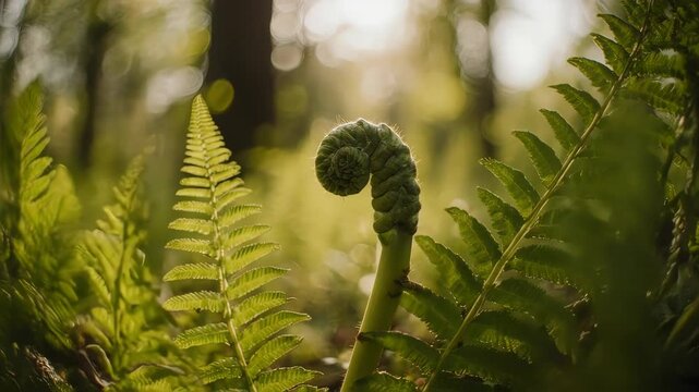 Fiddlehead Ferns Growing in Forest Undergrowth.