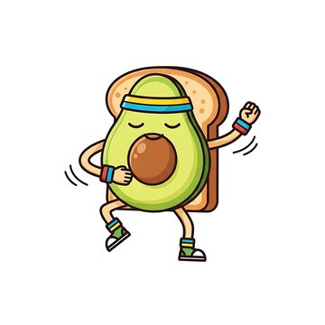 A cartoon avocado with a headband is dancing in front of a toast slice. It is wearing wristbands and athletic shoes