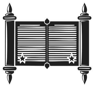 Black and white illustration of an open ancient scroll featuring stars and ornate details.