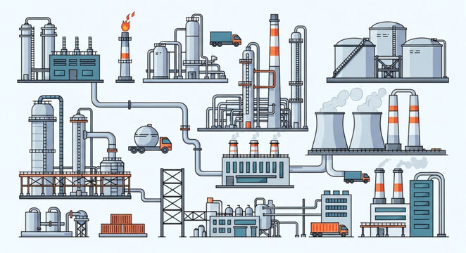 Detailed Illustration of an Industrial Complex with Various Structures.