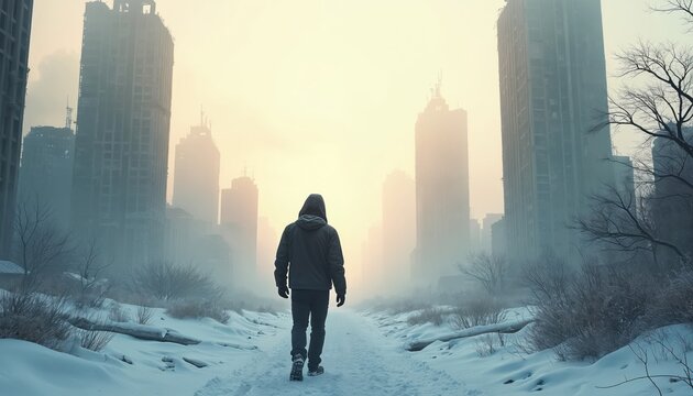Lone person walks through abandoned snowy city with damaged buildings. Gloomy atmosphere of desolation, survival in destroyed urban landscape. Winter journey.