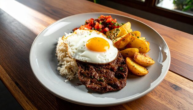 Indonesian Rice Plate. Hearty rice dish with fried egg, meat, potatoes, and sambal, similar to nasi campur or nasi rames.