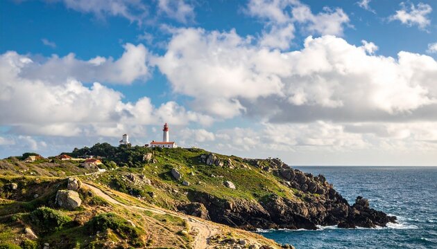 Coastal lighthouse on rocky hilltop