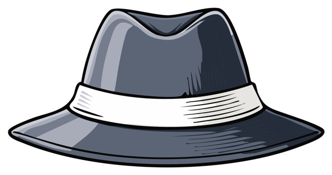 Cartoon illustration of a classic grey fedora hat with white band