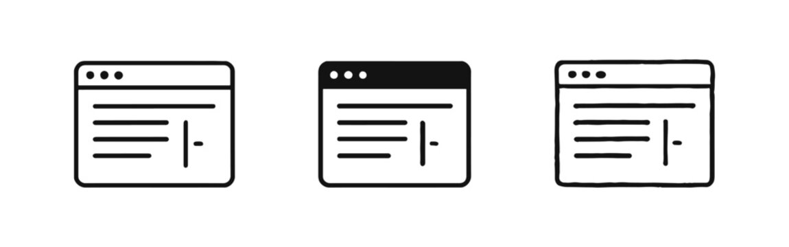 Browser Window Document Icons Set. Web Page Interface and Software Symbol.