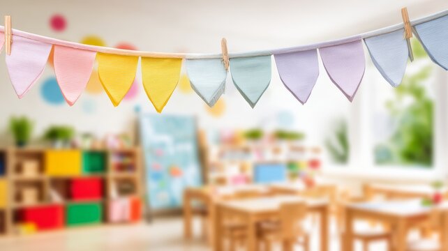 Close-up of a pastel colored bunting banner hanging in a blurred kindergarten classroom for preschool graduation and back to school celebration concept