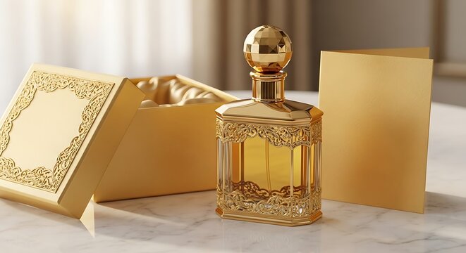 Elegant brass-colored perfume bottle with intricate design and decorative packaging box