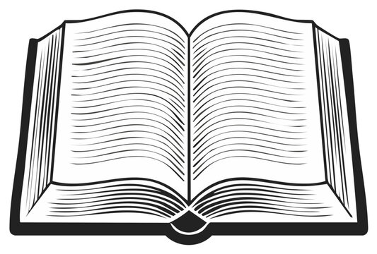 Open book with lined pages and embossed cover in black and white illustration