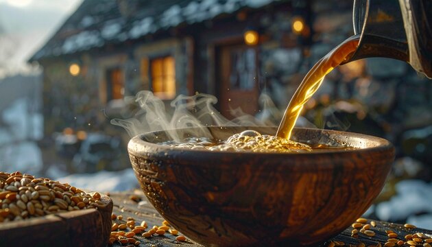 Village Tea Bowl. Steam and amber tea in a handmade bowl, set against a blurred mountain hamlet backdrop.