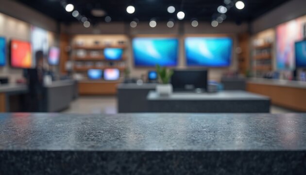 Empty countertop in store interior. Blurred background shows electronics displays and shelves. Ideal for product placement and retail promotions.