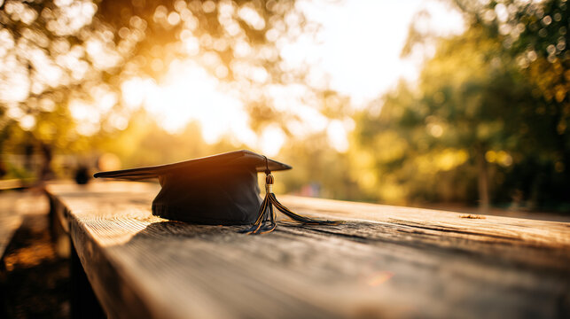 Graduation Cap on Wooden Surface: Warm Side Lighting and Soft Bokeh Creating a Celebratory Atmosphere