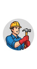 Fototapeta premium A cartoon male construction worker wearing a hardhat and red gloves, holding a hammer within a circular frame