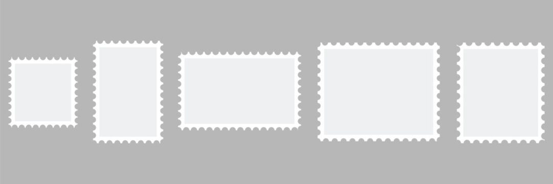 Five blank postage stamp frames of various rectangular and square sizes on gray background