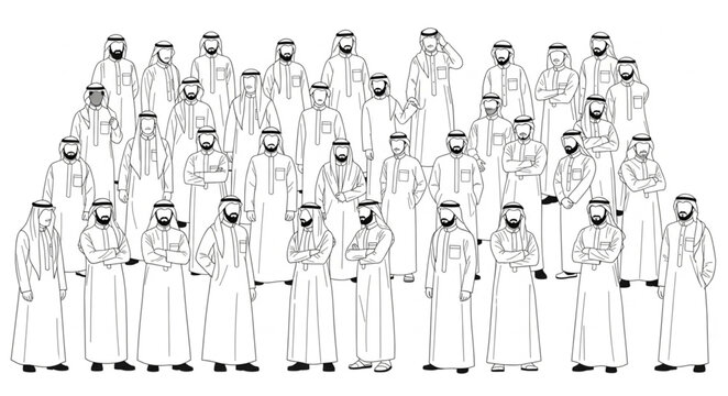 Group of Arab men in traditional attire standing together in a gathering.