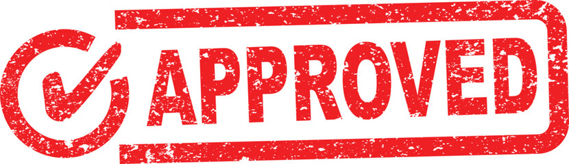 Red rubber stamp impression with the word approved and a checkmark symbol on white background © GFX