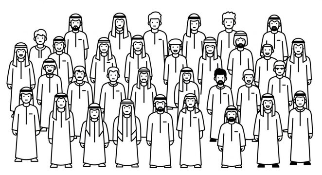 Group of Arab men in traditional attire standing together in a line.