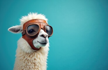 Fototapeta premium White llama wears aviator goggles and cap against teal background. Animal poses like pilot ready for flight. Quirky mammal shows adventure spirit, ready for journey.