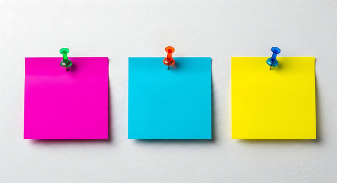 Three colorful blank sticky notes in pink blue and yellow colors pinned with matching push pins to a gray textured wall with sticky note with push pin with office supplies with reminder note