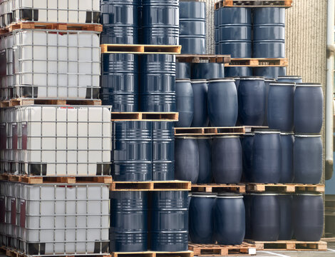 Shot of stacked petroleum containers in a large distribution warehouse