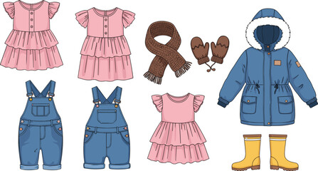 Set of childrens fashion apparel including pink ruffle dresses denim overalls blue winter parka jacket brown scarf mittens and yellow boots © Hafiza