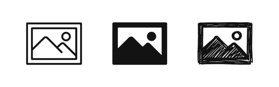 Image gallery icon set. Picture and photo album symbols in line, glyph, and hand drawn styles.