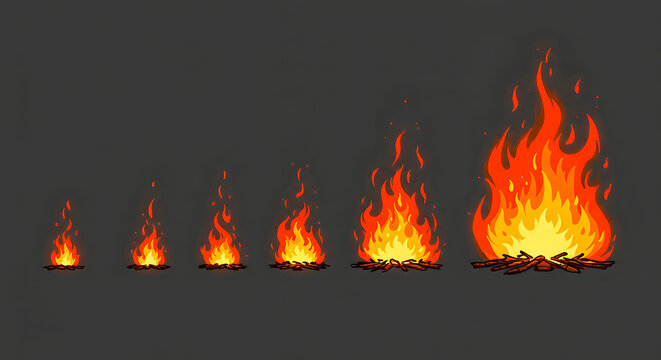 Sequential animation of a campfire burning, from small embers to a large blaze on a dark background
