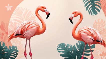Obraz premium Peach flamingo on a soft cream background in a clean decorative and smooth digital art style simple illustration