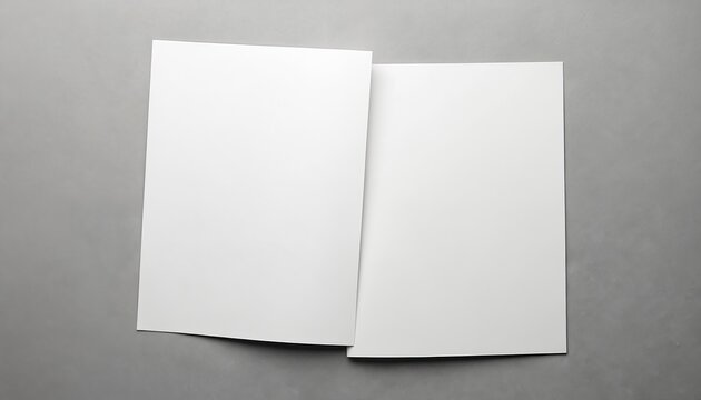 Two blank white paper sheets lay on plain gray background. Arranged side by side with small overlap. Minimalist composition provides ample empty space for text graphics. Perfect for design mockups,