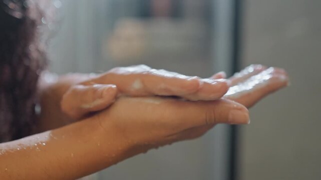 Hotel sink guest lathering hands with foam, closeup of palms creating suds, water dripping from fingers, hygiene and amenity focus for hospitality or wellness campaign, calming modern bathroom