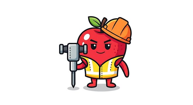 A cartoon-style red apple, wearing a hard hat and safety vest, holding a jackhammer