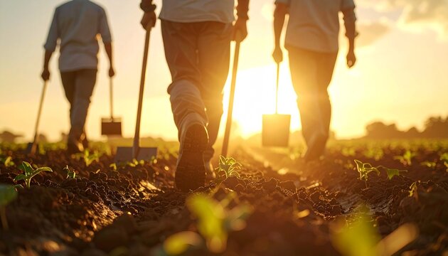 Dedicated farmers carrying their tools, working in a fertile field during the golden hour, embodying the essence of agricultural labor and the promise of growth under the setting sun