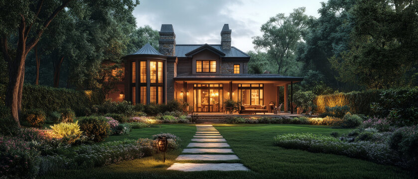 A grand mansion with lit windows and a garden path set amidst lush greenery provides an atmospheric backdrop for these high-end estate renderings