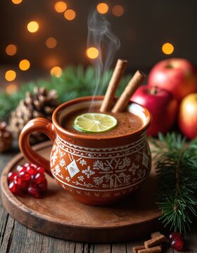 Warm mexican ponche navideno cocktail in clay mug with cinnamon sticks lime slice. Festive holiday drink with apples pomegranate pine, winter bokeh lights.