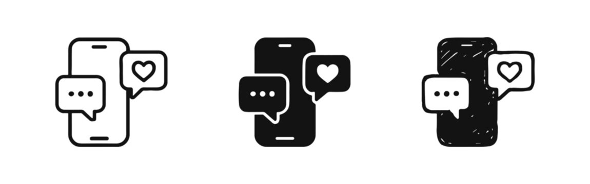 Mobile phone with chat and like icons set. Social media, messaging, and communication symbols in various styles.