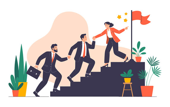Teamwork helps achieve business success and reach goals with flat design teamwork business achievement leadership climbing collaboration partnership progress motivation illustration
